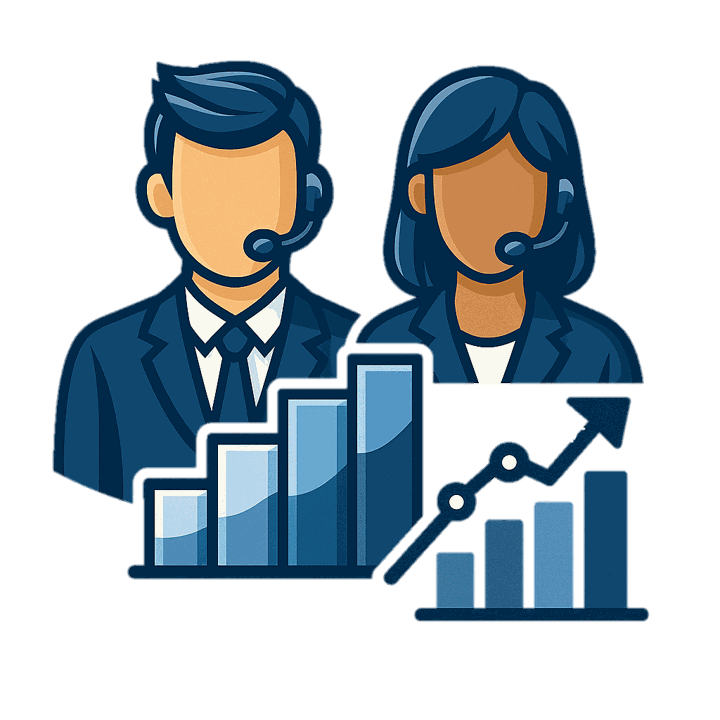 Two headset agents beside a rising bar chart